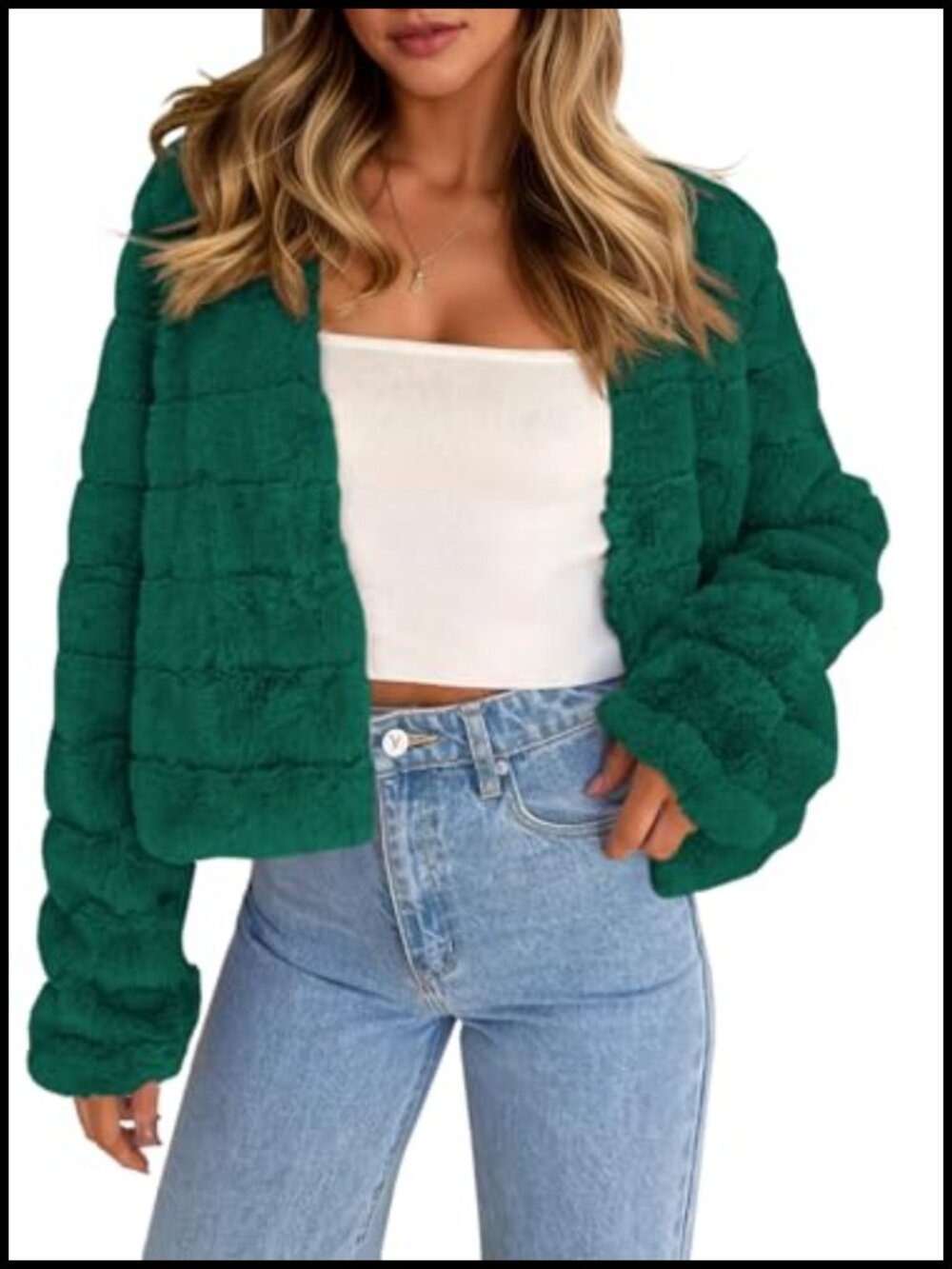 Womens Cropped Faux Fur Jacket Long Sleeve Open Front Fluffy Short Coat